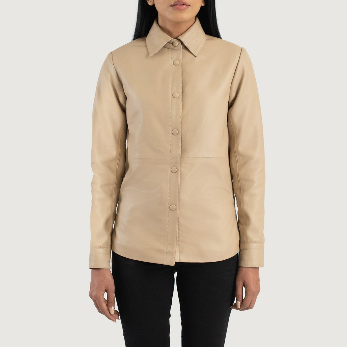 Detailansicht of Shirt &amp; Leather Buttons Hardware on Women's Zenith Beige Leather Shirt Jacket